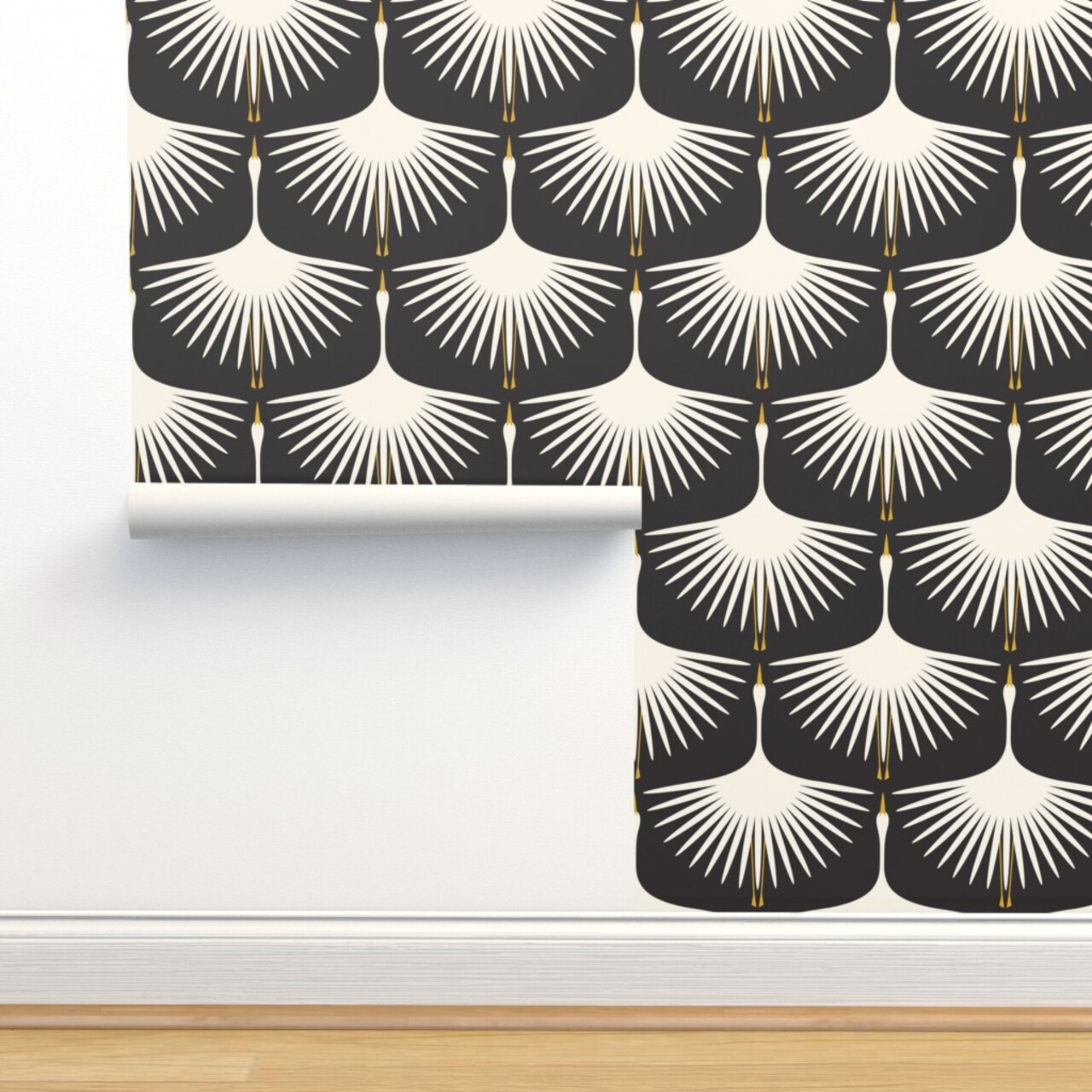 Black And Ivory Mid Century Mod Geometric Swans Art Deco Elegant Feathers Custom Removable Wallpaper by Spoonflower Peel & Stick Wallpaper 2FT Wide